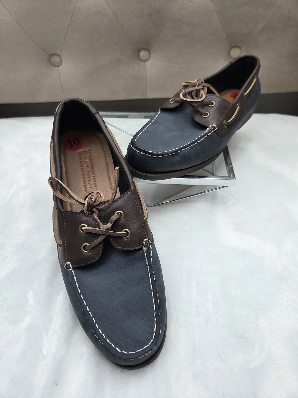 Tommy Hilfiger Men's Boat Shoes Navy Brown Leather Lace Up Loafers US 10 EU 43
